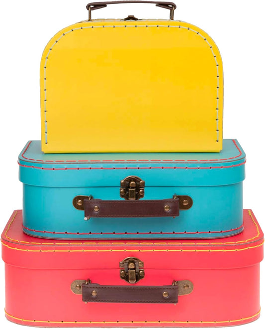 Decorative Storage Boxes Set of 3 - World Map Mini Suitcase Style Cardboard Suitcase with Brass Clasps and Handle - Ideal for Travel Decor, Event Props and Gift Presentation
