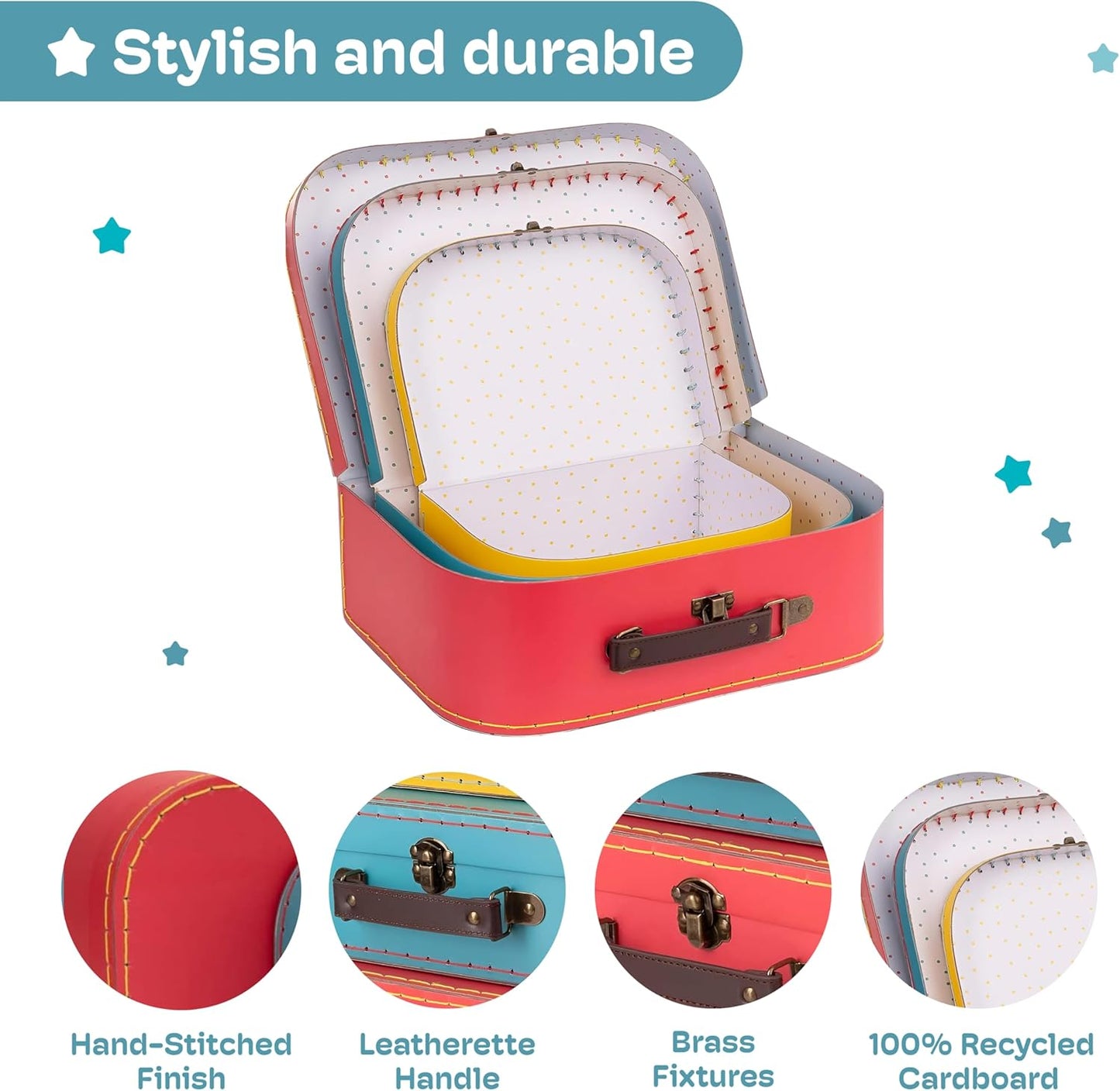 Decorative Storage Boxes Set of 3 - World Map Mini Suitcase Style Cardboard Suitcase with Brass Clasps and Handle - Ideal for Travel Decor, Event Props and Gift Presentation