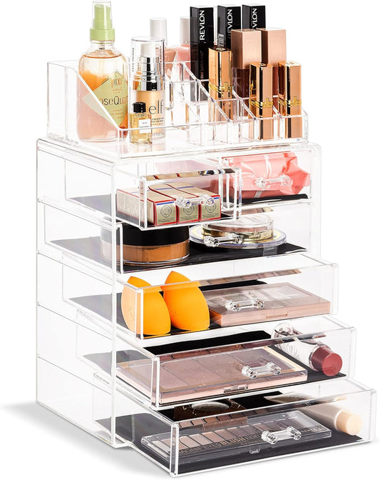 Clear Cosmetic Makeup Organizer - Make up & Jewelry Storage, Case & Display - Spacious Design - Great Holder for Dresser, Bathroom, Vanity & Countertop (4 Large, 2 Small Drawers)