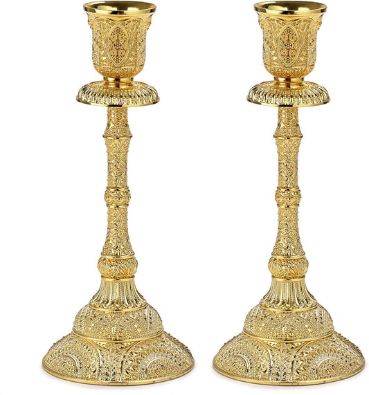 Set of 2 Taper Candle Holders Vintage Metal Pillar Candlestick Holders 7.4”, Elegant Brass Candle Stick Holders Decor Candelabra Set for Dining Table Centerpieces Wedding Home Decoration, Gold