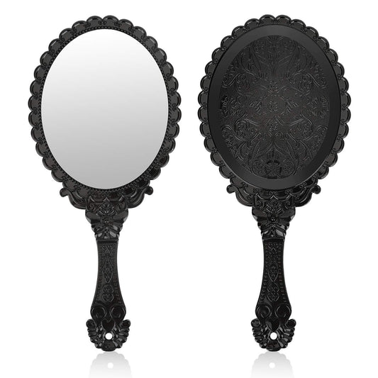 Premium Hand Mirror with Handle - Vintage Princess Mirror for Women Black Embossed Flower Small Mirrors Tabletop Party Classroom
