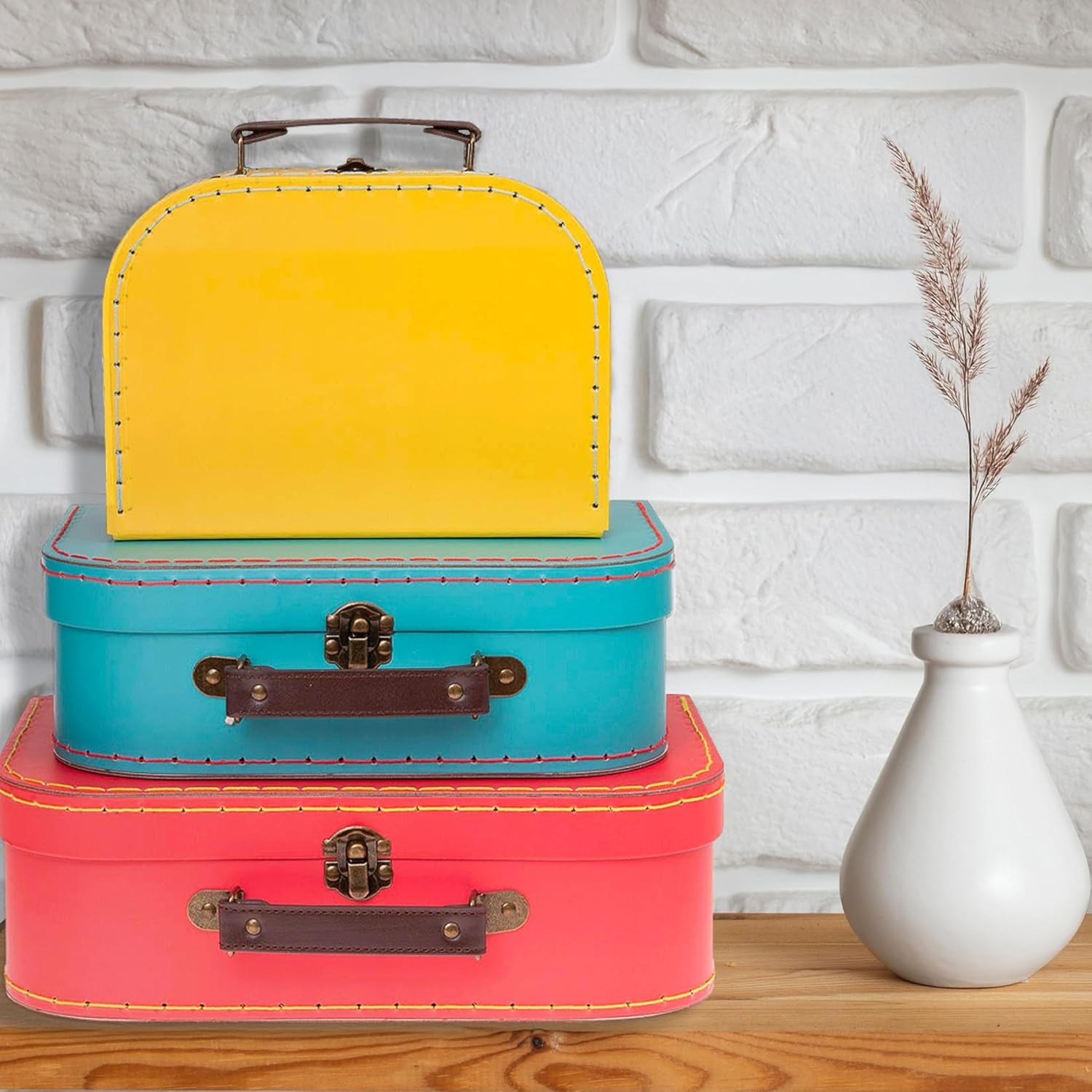 Decorative Storage Boxes Set of 3 - World Map Mini Suitcase Style Cardboard Suitcase with Brass Clasps and Handle - Ideal for Travel Decor, Event Props and Gift Presentation
