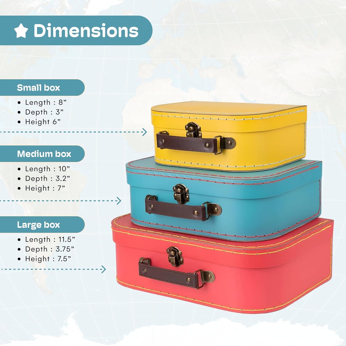 Decorative Storage Boxes Set of 3 - World Map Mini Suitcase Style Cardboard Suitcase with Brass Clasps and Handle - Ideal for Travel Decor, Event Props and Gift Presentation
