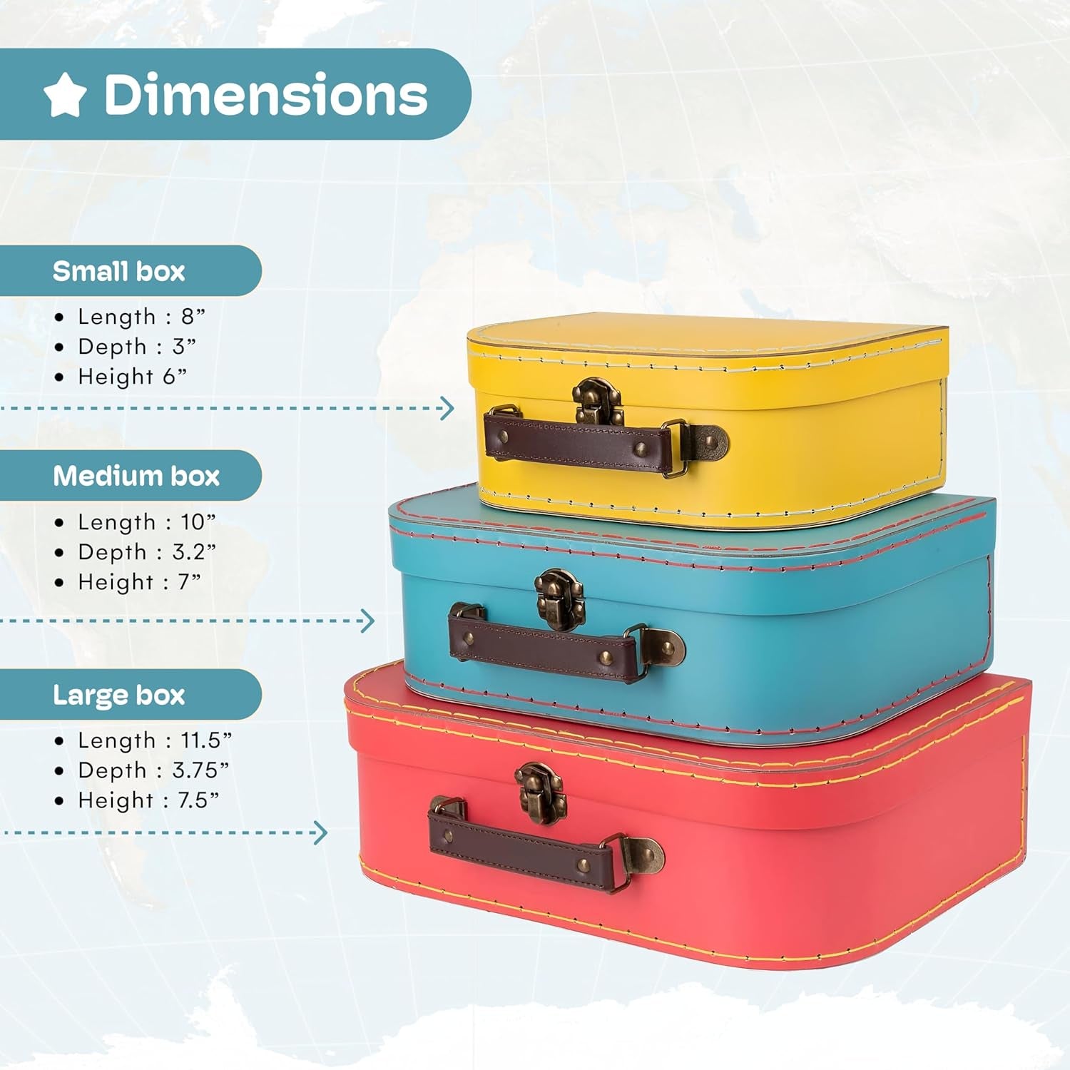 Decorative Storage Boxes Set of 3 - World Map Mini Suitcase Style Cardboard Suitcase with Brass Clasps and Handle - Ideal for Travel Decor, Event Props and Gift Presentation