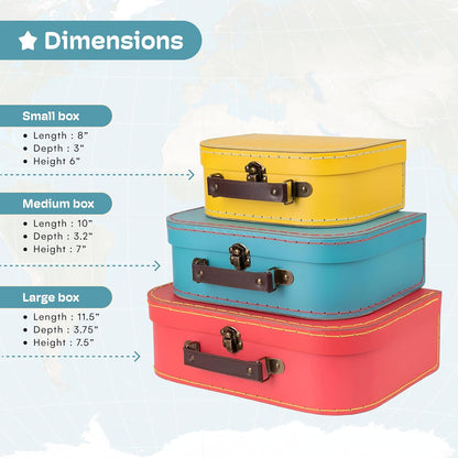 Decorative Storage Boxes Set of 3 - World Map Mini Suitcase Style Cardboard Suitcase with Brass Clasps and Handle - Ideal for Travel Decor, Event Props and Gift Presentation