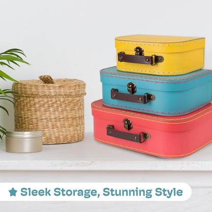 Decorative Storage Boxes Set of 3 - World Map Mini Suitcase Style Cardboard Suitcase with Brass Clasps and Handle - Ideal for Travel Decor, Event Props and Gift Presentation