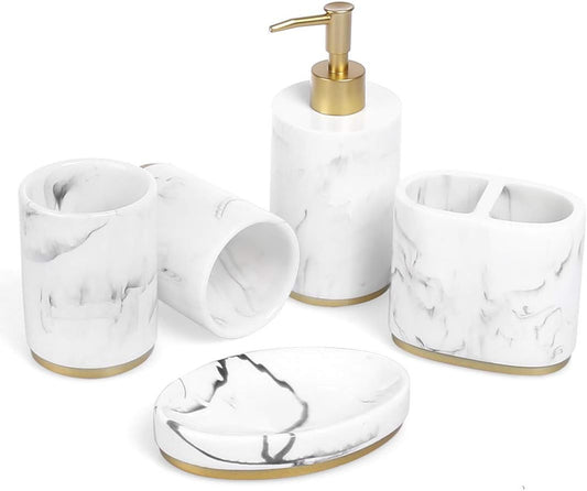 Bathroom Accessories Set, 5 Pcs Marble Look Bathroom Sets for Counter Top Restroom Apartment Decor Stuff, Imitated Resin Kits, Gift for Women and Men-Ink White with Gold